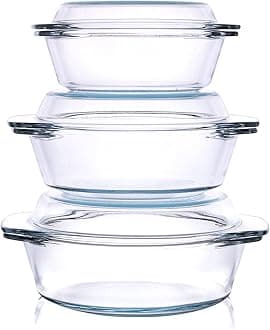 Set of 6 Pieces Round Tempered Glass Casserole Dish with Lids, Nesting Glass Casserole Baking Dish Set for Oven, Freezer and Dishwasher Safe