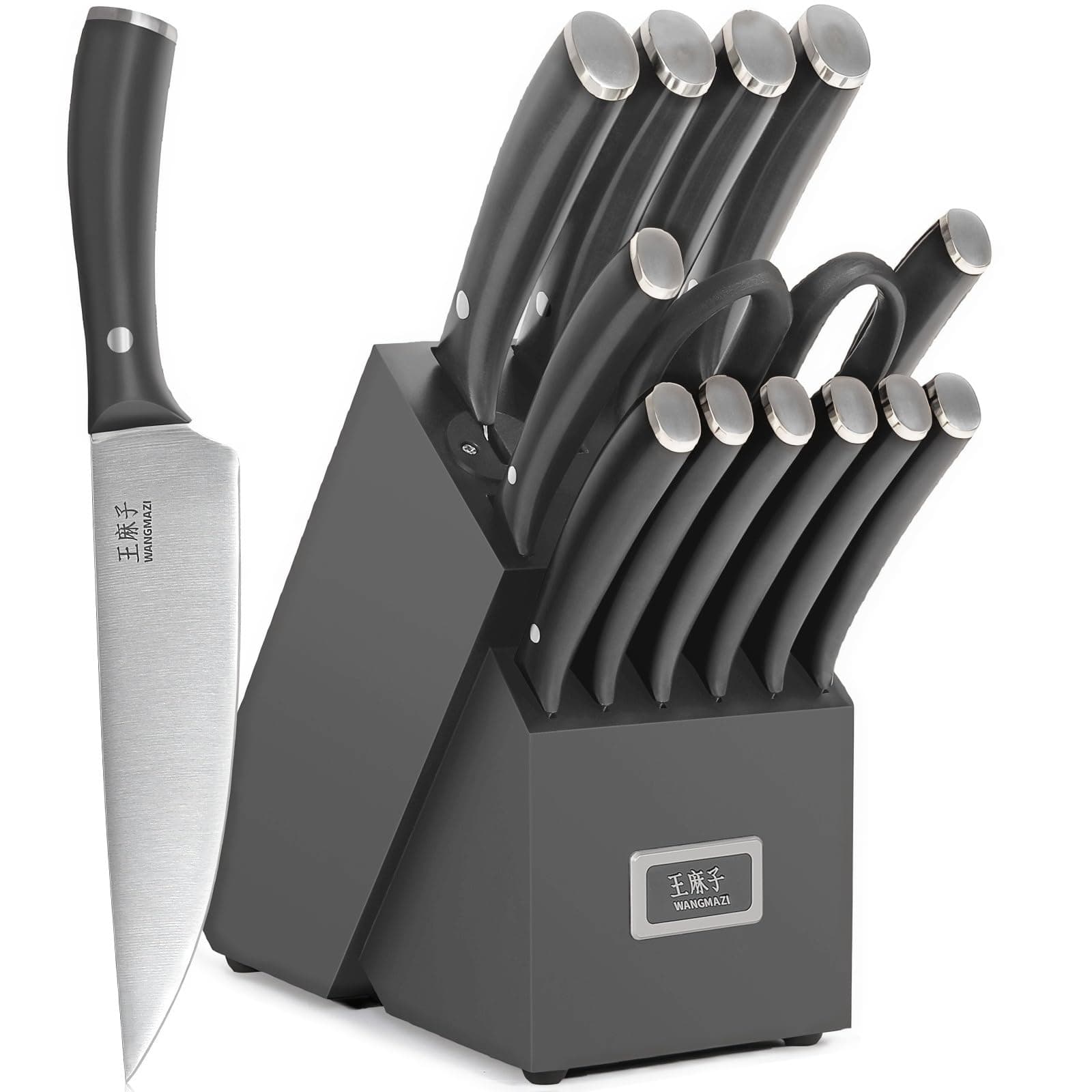 Chef Knife Set Sharp Blade Rivet Ergonomic Handle Knife Block Set Hundreds of Years of Masterful Craftsmanship(Black,15PCS)