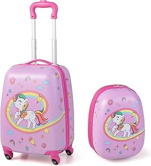 Kids Luggage, 12" Toddler Backpack & 16" Travel Suitcase with Wheels, Lightweight Toddler Girls Suitcase, Durable ABS Hardshell, 2Pcs Carry On Luggage Set for Boys Girls(Pink Horse)