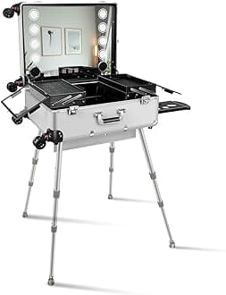 FAHKNS Aluminum Trolley Makeup Train Case 8 LED Light, Make Mirror with Lights Rolling Case, Rolling Makeup Case with Legs, Vanity Suitcase with Lights