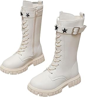 Girls Lace Up Riding Boots Mid Calf Combat Boots Fashion Waterproof PU Leather Side Zipper Punk Goth Boot 4-12.5 Years