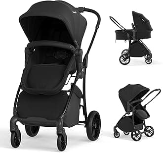 2 in 1 Baby Stroller, High Landscape Convertible Bassinet Stroller with Reversible Seat, Adjustable Backrest & Canopy, Foldable Pushchair Pram Stroller for Newborn Toddler 0-36 Months (Black)