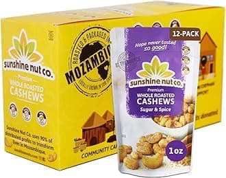 - Sunshine Nut Company Whole Roasted Lightly Salted Cashews, Sugar and Spice Flavor, 12-Pack, 1.05 oz. Each, Gluten Free, Peanut Free and Vegan Individual Snack Packs for Kids and Adults, GMO Free