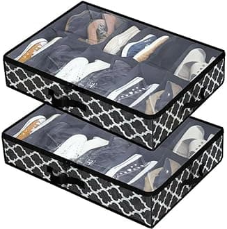 DOUBLE R BAGS Under Bed Shoe Organizer with Zipper | 12 Compartments | Dustproof Space-Saving Storage Box for Sneakers, Heels & Boots | Moracn Black (72x61x13 cm) Pack of 2