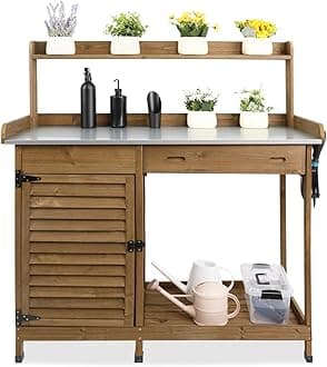 Ketive Outdoor Garden Potting Bench Table, 41" L Wooden Potting Table Work Bench for Horticulture, Waterproof Workstation Table with Metal Tabletop/Cabinet/Drawer/Open Shelf (Brown)