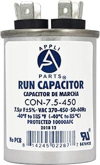 Appli Parts Condensador Capacitor de Marcha 7.5 Mfd uF (microfaradios) 370VAC o 450VAC CBB65 Universal Aire acondicionado y otras aplicaciones Redondo UL E476928 6.4cm Alto 3.7cm Ancho CON-7.5-450