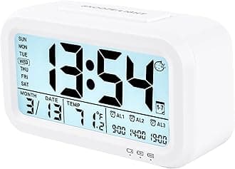 Digital Alarm Clock for Bedroom, 4.3" Screen Desk Clock with 3 Bells, Rechargeable Battery Operated Small Clock with Temperature, Snooze, Calender, 12/24H Display for Heavy Sleepers (White)