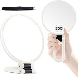 B Beauty Planet 30X Magnifying Mirror, Hand Mirror with Handle, Double Sided Hand Mirror with 30X/1X Magnification, Travel Essential Portable Foldable Makeup Mirror for Precision Makeup White