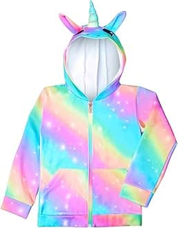 Nidoul Girls Zip Up Hoodie Jacket Unicorn Rainbow Mermaid Sweatshirt with Pockets for Toddler Kid 3-9 Y