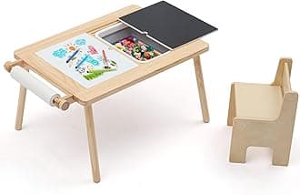 Sensory Table and Chair for Toddlers 2-8, Wood Kids Activity Tables with Storage Bins, Toddler Play Table with Roll Holder for Drawing Paper, Kids Art Tables with Double-Sided Graffiti
