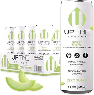 UPTIME Energy Drink, Sweet Summer Melon Sparkling, 12 Pack, Vitamin C, L Theanine, Calcium, Sugar Free Energy Drinks for Focus Support, 142mg of Natural Caffeine, 5 Calories, Natural, 12 fl oz Cans