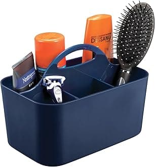 mDesignSmall Plastic Shower/Bath Storage Organizer Caddy Tote with Handle for Dorm, Shelf, Cabinet - Hold Soap, Shampoo, Conditioner, Combs, Brushes, Lumiere Collection, Navy Blue