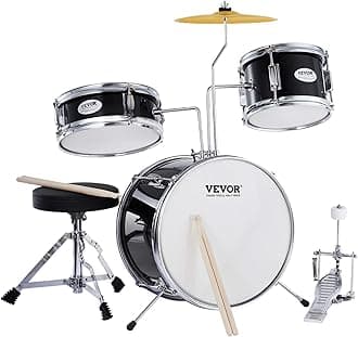 VEVOR Kids Drum Set, 14 in 3-Piece Beginner Drum Sets Junior Drums Set with Adjustable Throne, Two Pairs of Drumsticks, Cymbal, Pedal，Tom Snare Bass, Starter Drum Kit for Children, Black