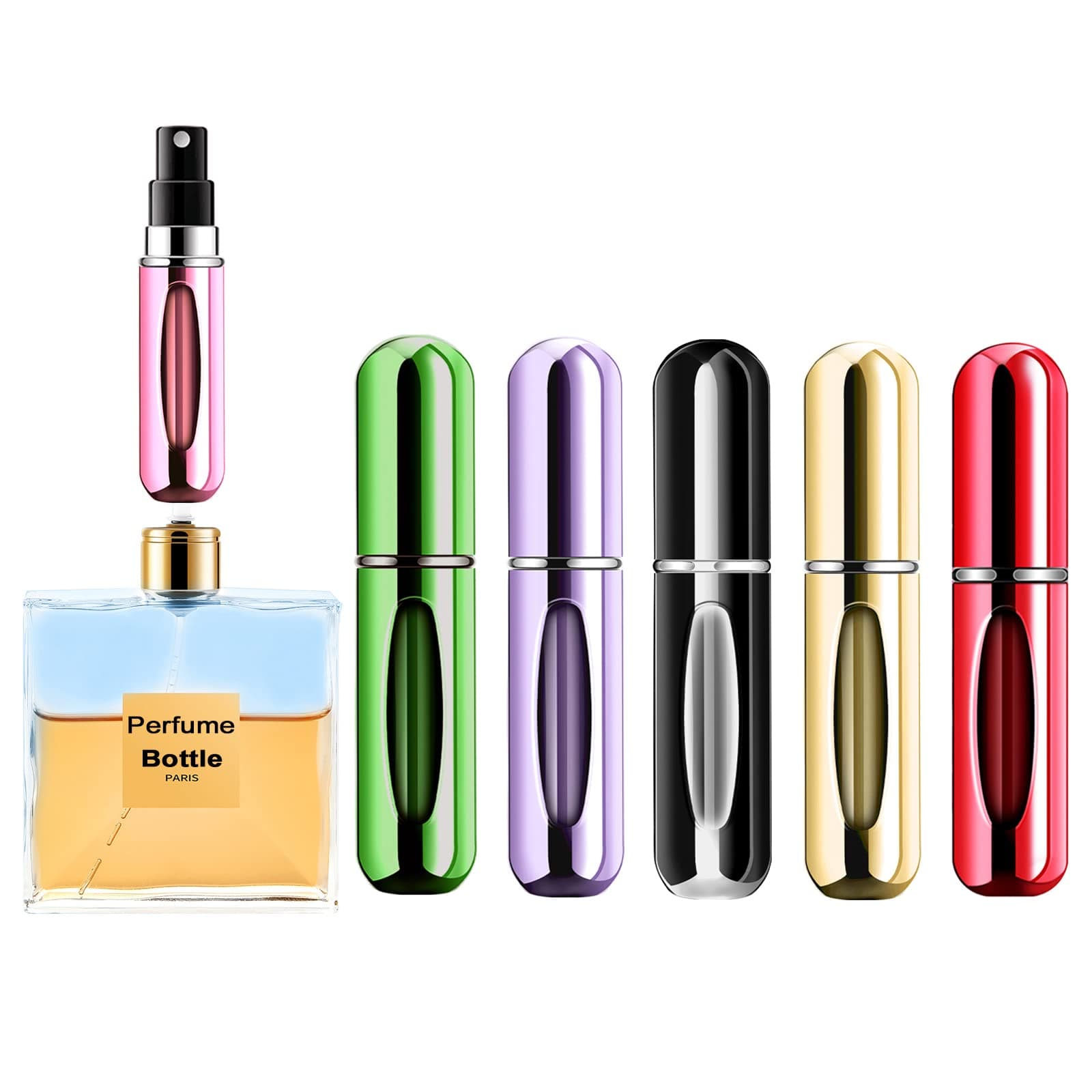 Portable Mini Perfume Atomizer Bottle, Atomizer Perfume Spray, Scent Pump Case, Refillable Travel (5ml, 5 Pack) (Purple, Gold, Green, Red, Black)