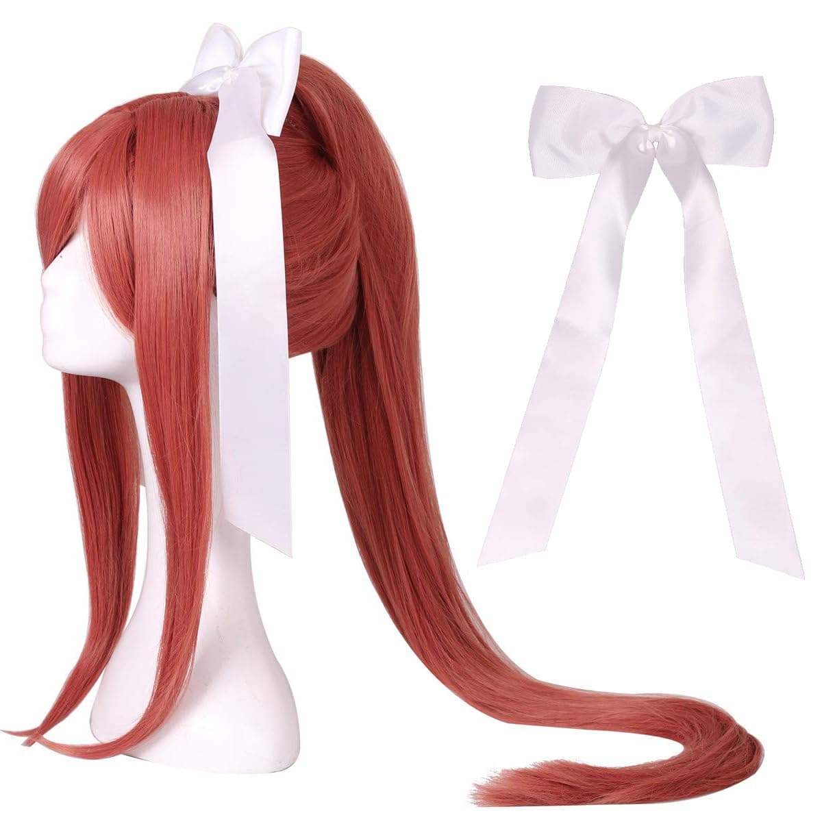 Wig with Bowknot Long Coral Cosplay Wig with Long Ponytail