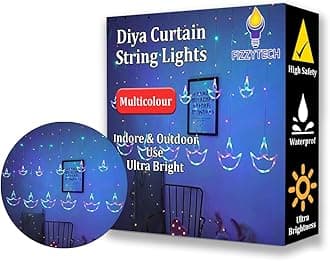 fizzytech Plastic 12 Diya Curtain Led Corded 1 Cm Electric String Lights,Window Curtain Lights With 8 Flashing Modes Decoration For Diwali,Christmas,Wedding,Party,Lights Home Decoration(Multicolor)