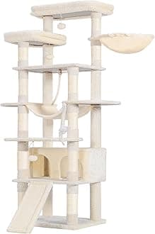 Heybly Tall Cat Tree, 78-inch Multi-Level Cat Tower for Indoor Cats, 2 Widened Plush Perches Cat Condo with Scratching Board and Big Caves, Beige HCT033M