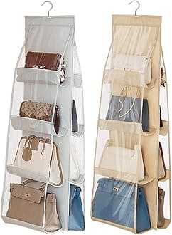 AARAINBOW 2 Pack Hanging Handbag Purse Organizer, 8 Pockets, Wardrobe Closet Space Saving Transparent Hand Bags Holder, 43.3L x 14.1W (Gray+Beige)