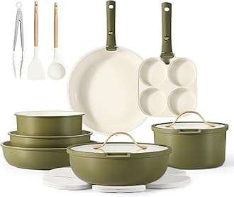 CAROTE 19pcs Pots and Pans Set, Nonstick Cookware Set Detachable Handle, Induction Kitchen Cookware Sets Non Stick with Removable Handle, RV Cookware Set, Gold and Green