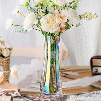 Aoderun Flower Vase for Decor 10" Clear Glass Vase for Centerpieces Large Vases for Flowers Dried Flower Home Decor Living Room Kitchen Office Wedding(Iridescent Clear)