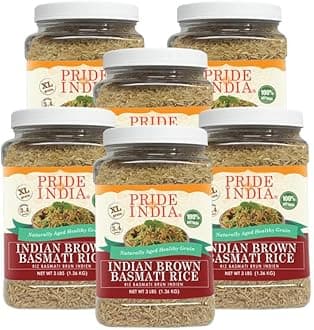 PACK of 6 - Extra Long Brown Basmati Rice - Naturally Aged Healthy Grain, 3 lbs Jar