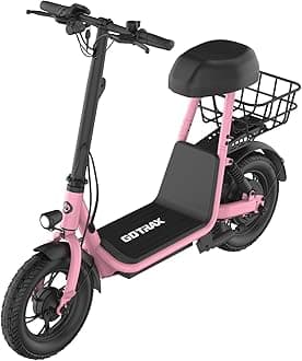 Gotrax A5 Electric Scooter w/Seat for 13+, 12" Pneumatic Tire, Max 15.5 Miles &15.5 Mph Power by 400W Motor, Dual Rear Shock Absorber &Dual Brake, Comfortable Wider Seat & Carry Basket & Hook, Pink