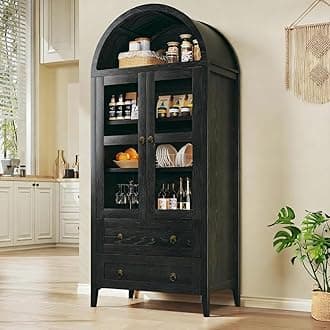 71" Tall Arched Kitchen Pantry, Arched Cabinet, Kitchen Storage Cabinets with 2 Large Drawers & Adjustable Shelves & Glass Door for Living Room, Dining Room, Black