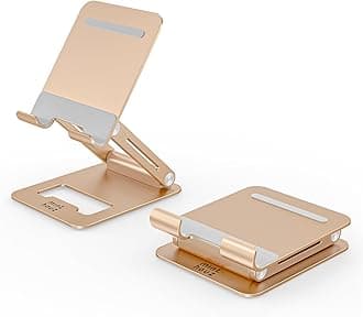 Minthouz Tablet Stand, Multi-Angle Adjustable Tablet Holder, Aluminum iPad Stand Compatible with iPhone 17 16 15 14 13 Pro Max Mini, 12 11 XR X8 Plus SE, Smartphone (Gold)