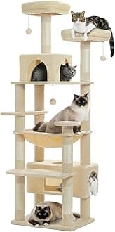 Large Cat Tree, 72 Inches Cat Tower for Large Cats, Cat Condo with Sisal-Covered Scratching Posts and Pads, 2 Padded Perch, Dual Condo and Basket for Indoor Cats-Beige