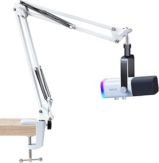 White Boom Arm for Fifine AM8 - Compatible with Fifine Microphone, 3/8" to 5/8" Screw Adapter Clip, Desk Clamp Included