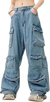 LafaguwWomen's Cargo Pants Low Waist Baggy Jeans Y2K Pocket Wide Leg Casual Trendy Streetwear Grunge Emo Clothes.