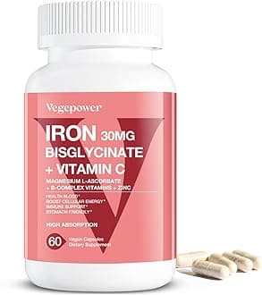 Iron Bisglycinate Supplement for Women & Men - 30mg Iron Pills with Vitamin C, B12, Folic Acid - Chelated Iron for Anemia, Health Blood - High Absorption, Gluten-Free, Non-GMO - 60 Vegan Caps