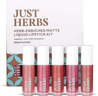 Just Herbs Organic Liquid Lipstick Kit Set of 5, Hydrating & Lightweight Lip Color - Paraben & Silicon Free - 1.6 fl oz. (Brights & Pinks)