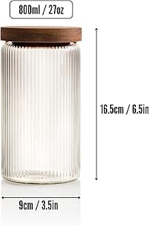 Mason & Fable Ribbed Glass Jars with Wooden Lid 27 fl oz- Set of 3 | Airtight Fluted Storage Container for Pasta, Coffee, Candy, Dog Treats, Snacks | Glass Organization Canisters for Home Kitchen