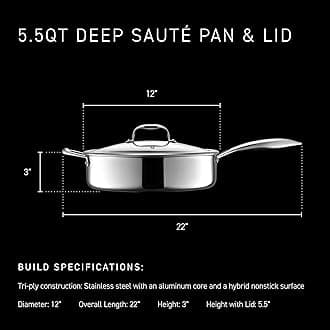 HexClad Hybrid Nonstick 5.5-Quart Deep Sauté Pan with Tempered Glass Lid, Stay-Cool Handle, Dishwasher-Friendly, Oven-Safe Up to 900°F, Induction Ready, Compatible with All Cooktops