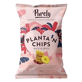 Purely Plantain Chips - Low Fat Plantain Crisps - Gluten Free Snacks - Healthy Alternative Snack Multipack - Vegan, Nutritious & All Natural - Nice & Spicy - 75g x 10 Pack