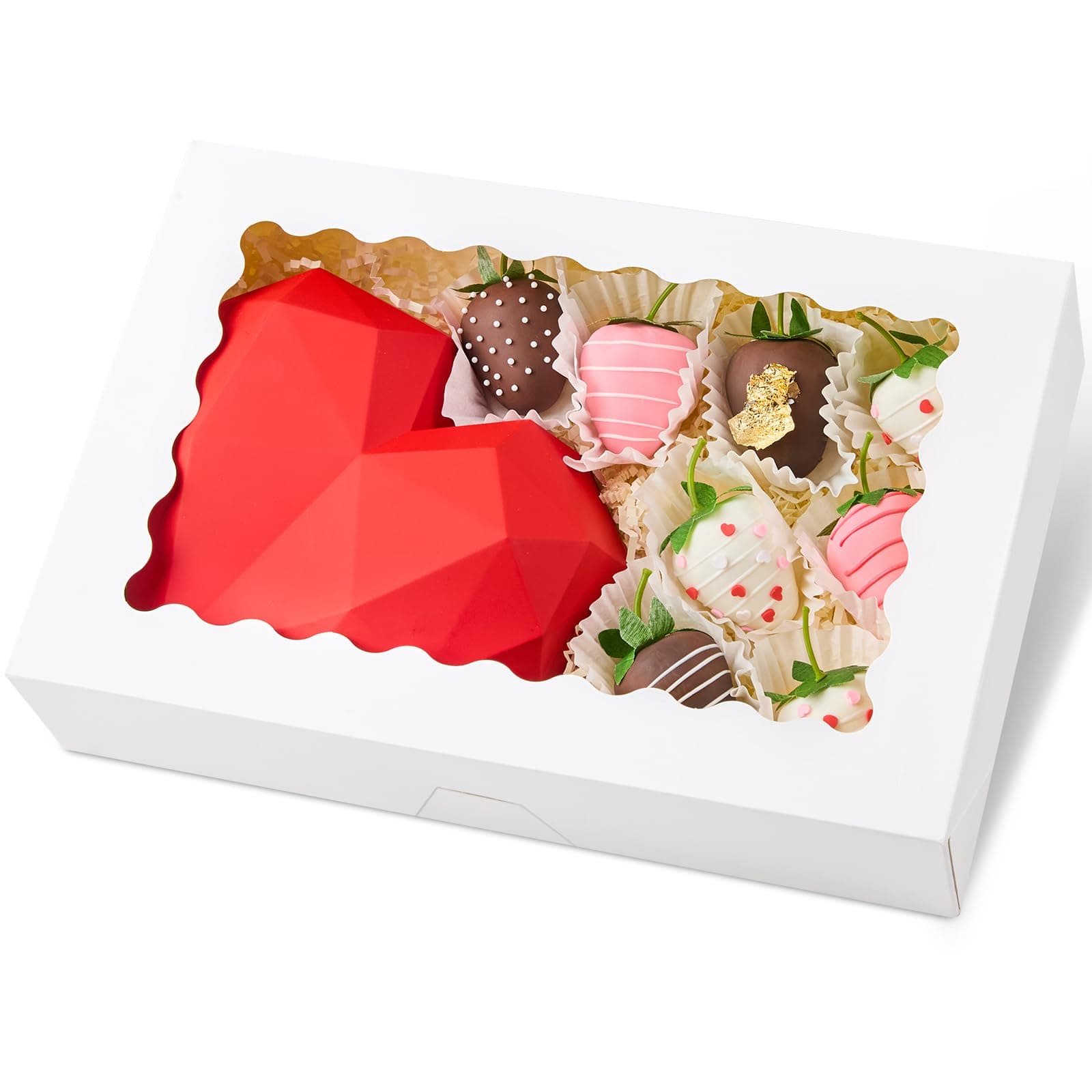 Kucoele 20 PCS Cookie Boxes with Window, 12 x 8 x 2.5 Inches Bakery Boxes Dessert Boxes Treat Boxes for Chocolate Covered Strawberries, Pastries, Muffins, Donuts, Breakable Heart