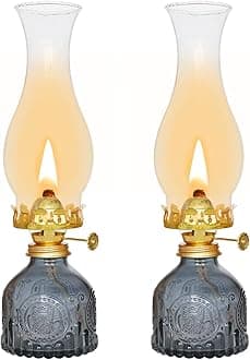 Glass Oil Lamp 2Pack, Oil Lamps for Indoor Use - 11"x3" Gray Antique Kerosene Lamp, Outdoor Oil Lamp, Beautifully Carved Vintage Oil Lamp for Home Decor, Tabletop, Emergency Lighting & Props
