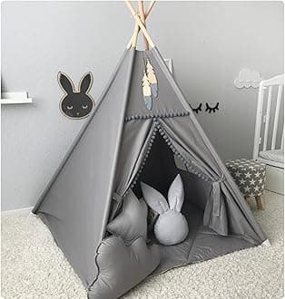 RONGFA Kids Teepee Tent with White Pom Pom - Indoor Play Teepee for Children Boys Portable Play House (Grey)