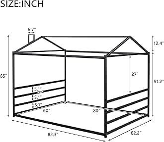 Metal Queen Size Kids Bed Montessori Floor Bed with Roof, Queen House Bed Frame for Boys Girls, Black