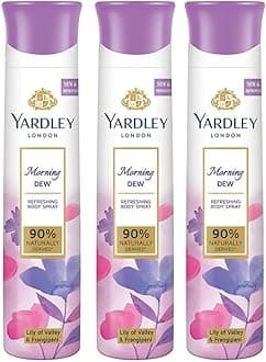 Yardley London Morning Dew Refreshing Body Spray Mega Pack| Lily of Valley & Frangipani Fragrance| Deodorant Body Spray For Daily Use| Deodorant For Women| 90% Naturally Derived| 150ml, Pack of 3