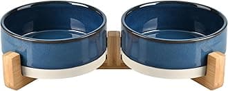 SPUNKYJUNKY Ceramic Dog and Cat Bowl Set with Wooden Stand, Modern Cute Weighted Food Water Bowl Set for Small Size Dogs (1.7 Cups, 2 × Pattern Blue)