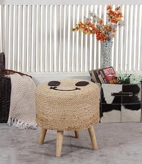 Sitting Solutions for Home - Wooden Frame Round Ottomans | Ottoman for Living Room Sitting | Bedroom, Study & Makeup Table, 16x16x18 Inch (Smiley-Jute-1)