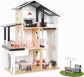 Large Wooden Doll House Luxury Villa Style Play Set Kids Role Play Doll House With 49Pcs Accessories 3 floor and Front Garden Balcony Lavish Design Villa (Design 6)