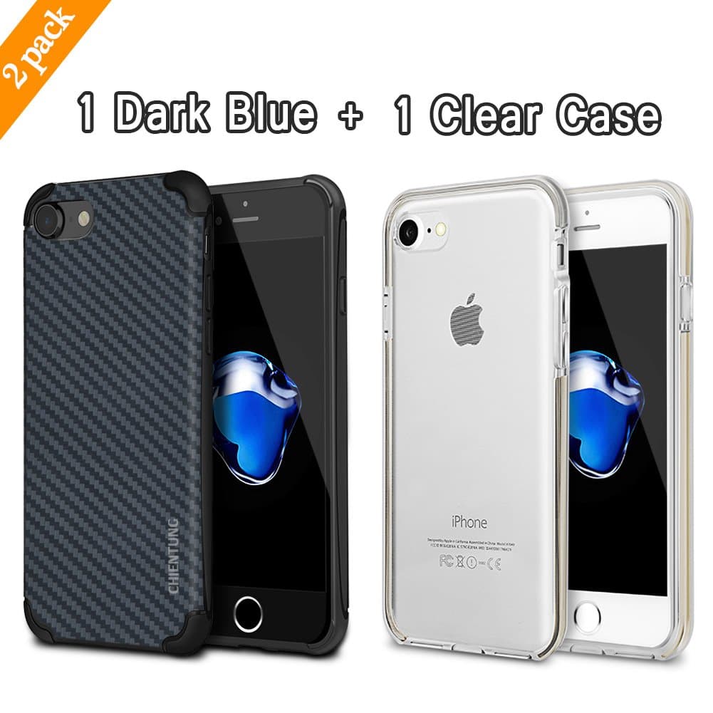 iPhone 7 Case, 2 Pack CHIENTUNG Apple iPhone 7 Case (Dark Blue and Clear) 99.9% Transparent Cover Shock-Absorbing Bumper and Anti-Scratch Case Dark Blue Protective and Slim-Fit Case for iPhone 7