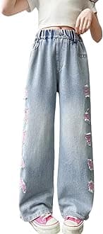 NABER Kids Girls Elastic Waist Cool Ripped Jeans Washed Denim Wide Leg Ripped Denim Jean Age 5-15 Years