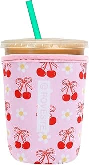 Reusable Neoprene Insulator Sleeve for Iced Coffee & Cold Soda, Coffee Sleeves for Iced & Hot Drinks, Cold Beverage Cooler Compatible with Starbucks, Dunkin (Cherry Bomb, Small: 16-18oz)