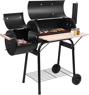 Charcoal Grill with Offset Smoker & Side Table, Portable Outdoor Camping Barrel BBQ Oven with Wheels, Black