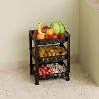 3-Layer Multipurpose Plastic Kitchen Storage Rack | Vegetable Basket Organizer | Stackable Storage Stand for Home, Pantry, Bathroom, Office – Durable Space-Saving Shelf (Black)