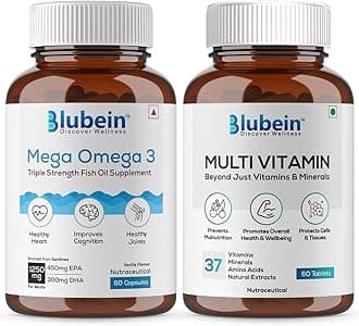 Blubein Dynamic Duo|Mega Omega 3 Fish Oil Capsules With Triple Strength 60N| Multivitamin With 37 Vital Ingredients 60N|For Overall Strength & Vitality,2 Count